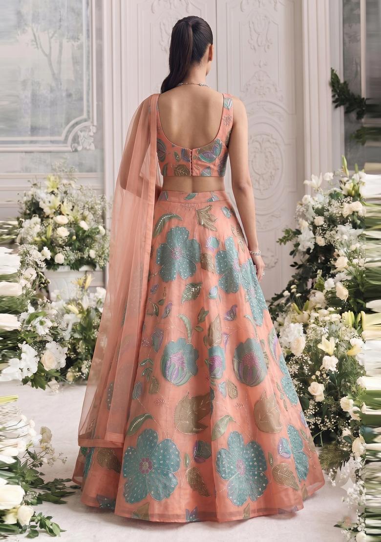Peach Embroidered Organza Lehenga Set - Indya