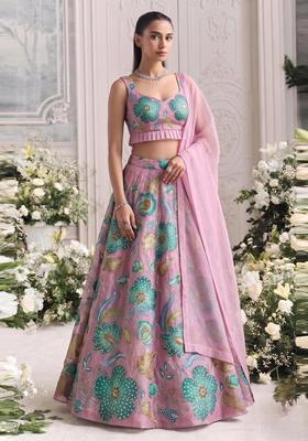 Pink Embroidered Organza Lehenga Set