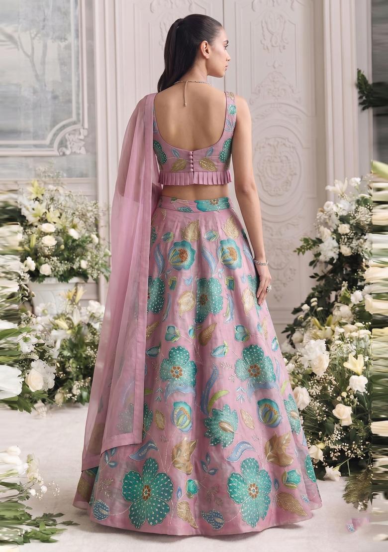 Pink Embroidered Organza Lehenga Set - Indya