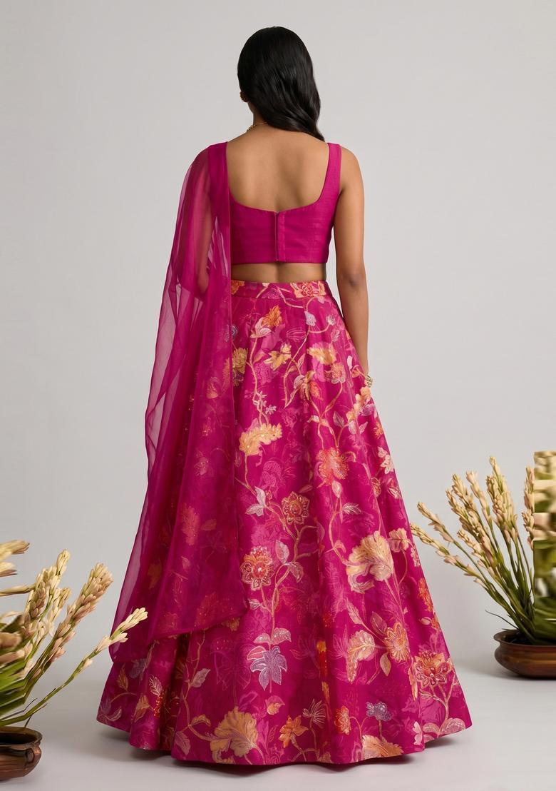 Magenta Embroidered Organza Lehenga Set - Indya