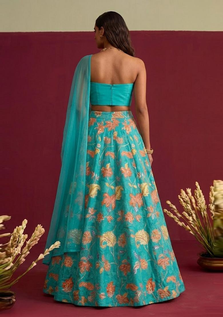 Turquoise Embroidered Organza Lehenga Set - Indya