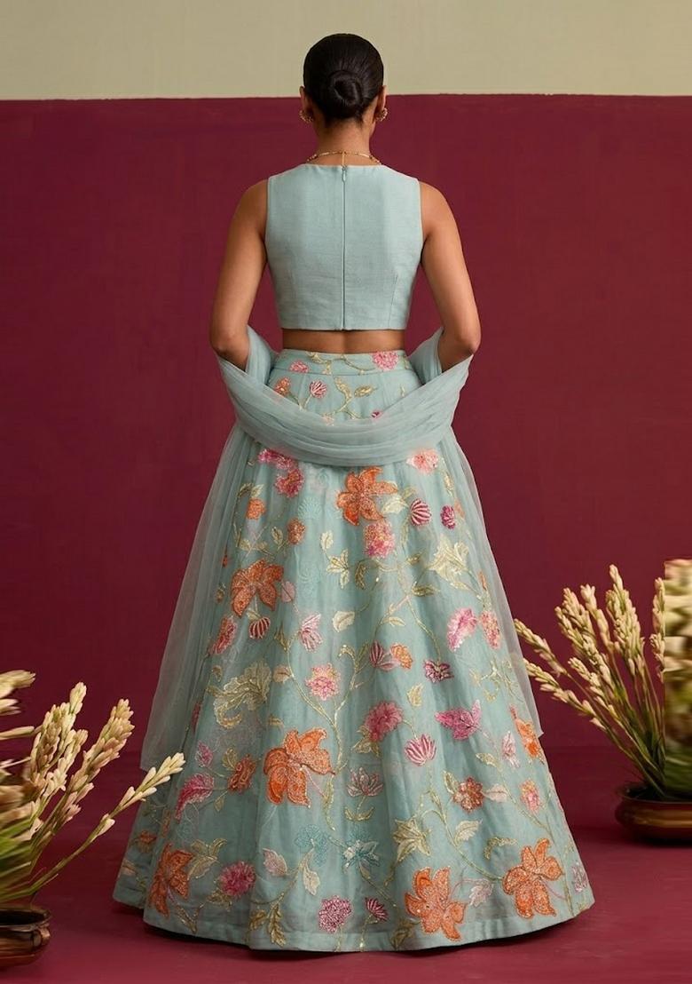 Pastel Blue Embroidered Organza Lehenga Set - Indya