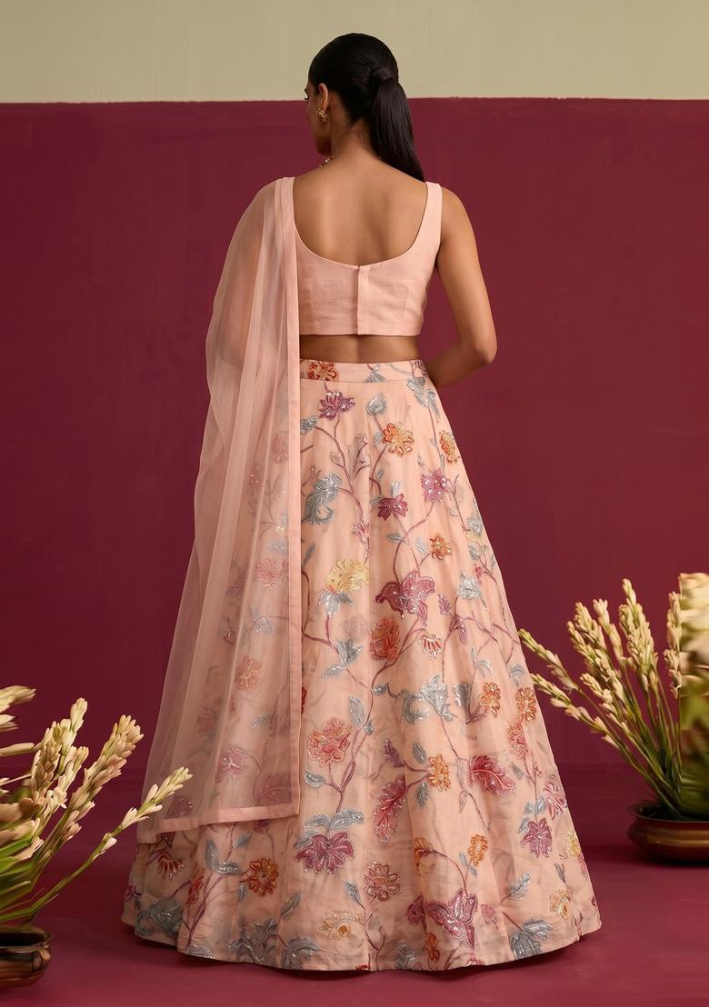 Peach Embroidered Organza Lehenga Set - Indya