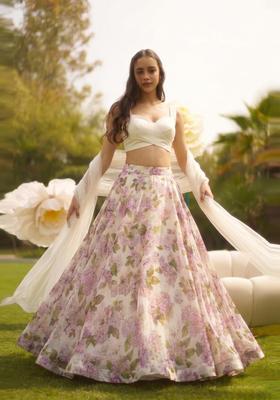 White Printed Silk Blend Lehenga Set