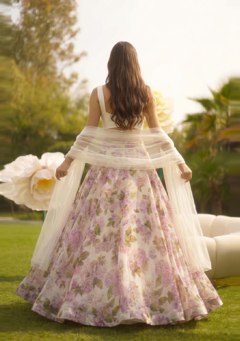 White Printed Silk Blend Lehenga Set - Indya