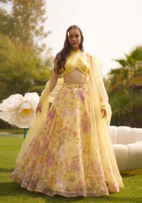 Pastel Yellow Printed Silk Blend Lehenga Set