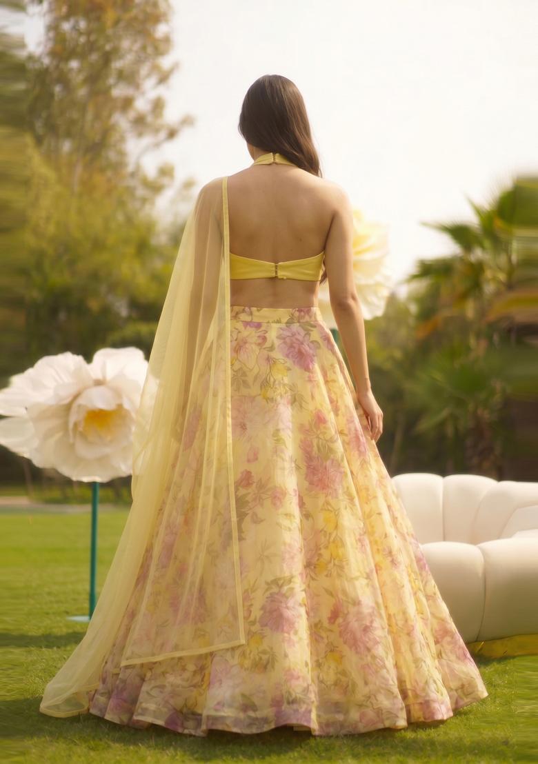 Pastel Yellow Printed Silk Blend Lehenga Set - Indya