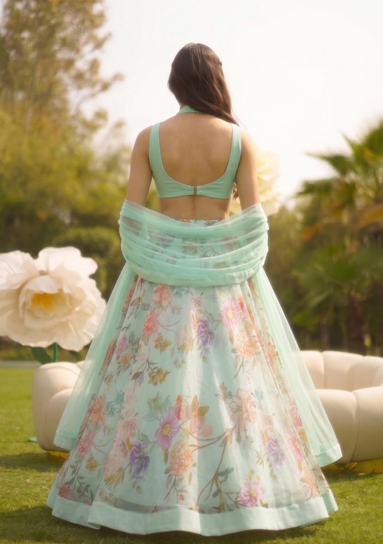 Mint Green Printed Silk Blend Lehenga Set - Indya