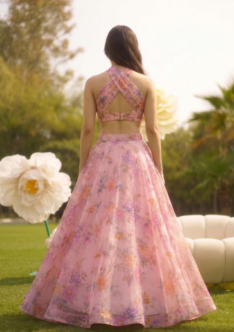 Pastel Pink Printed Silk Blend Lehenga Set - Indya