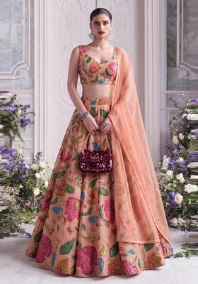 Peach Embroidered Organza Lehenga Set