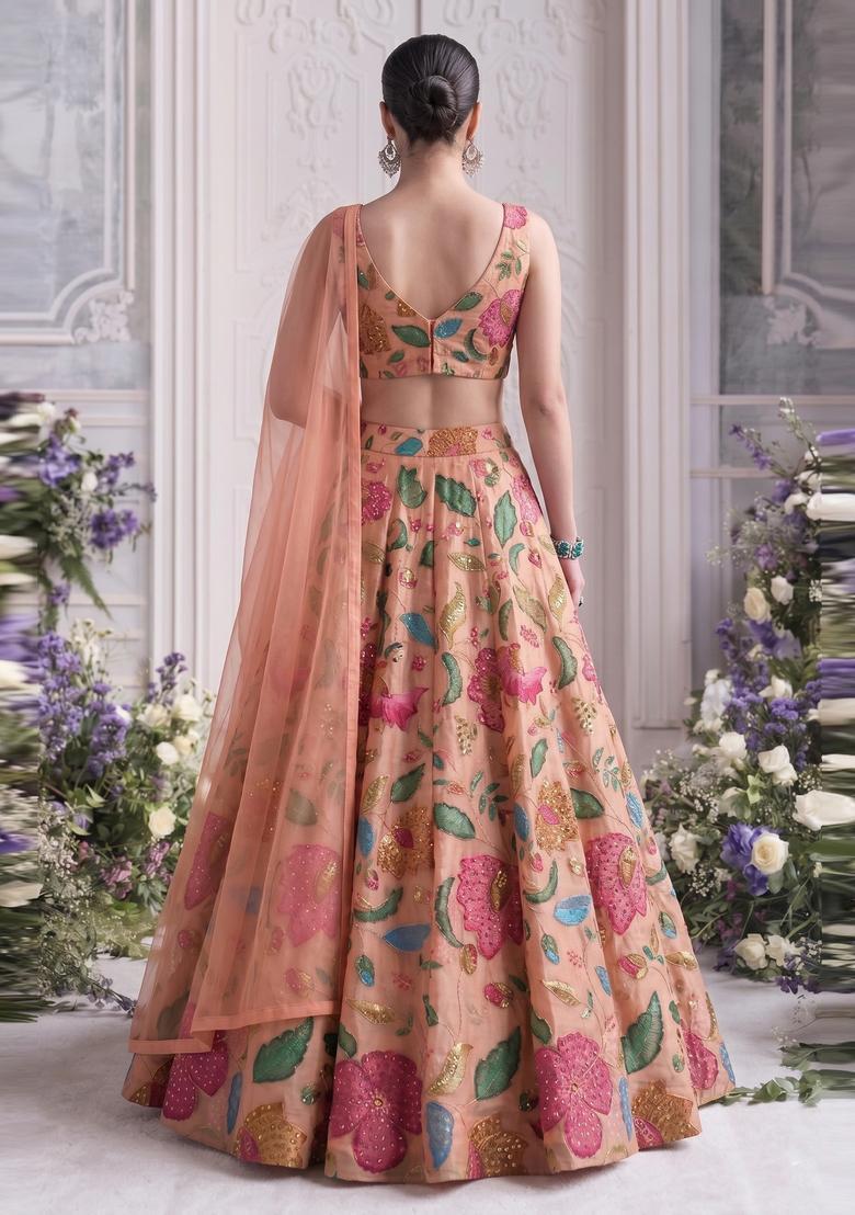 Peach Embroidered Organza Lehenga Set - Indya