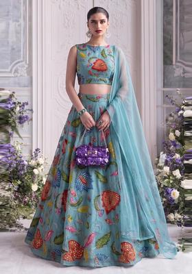 Turquoise Blue Embroidered Organza Lehenga Set