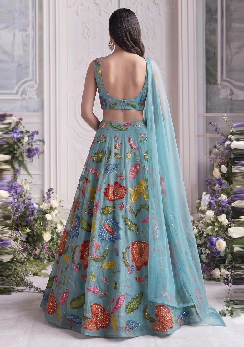 Turquoise Blue Embroidered Organza Lehenga Set - Indya