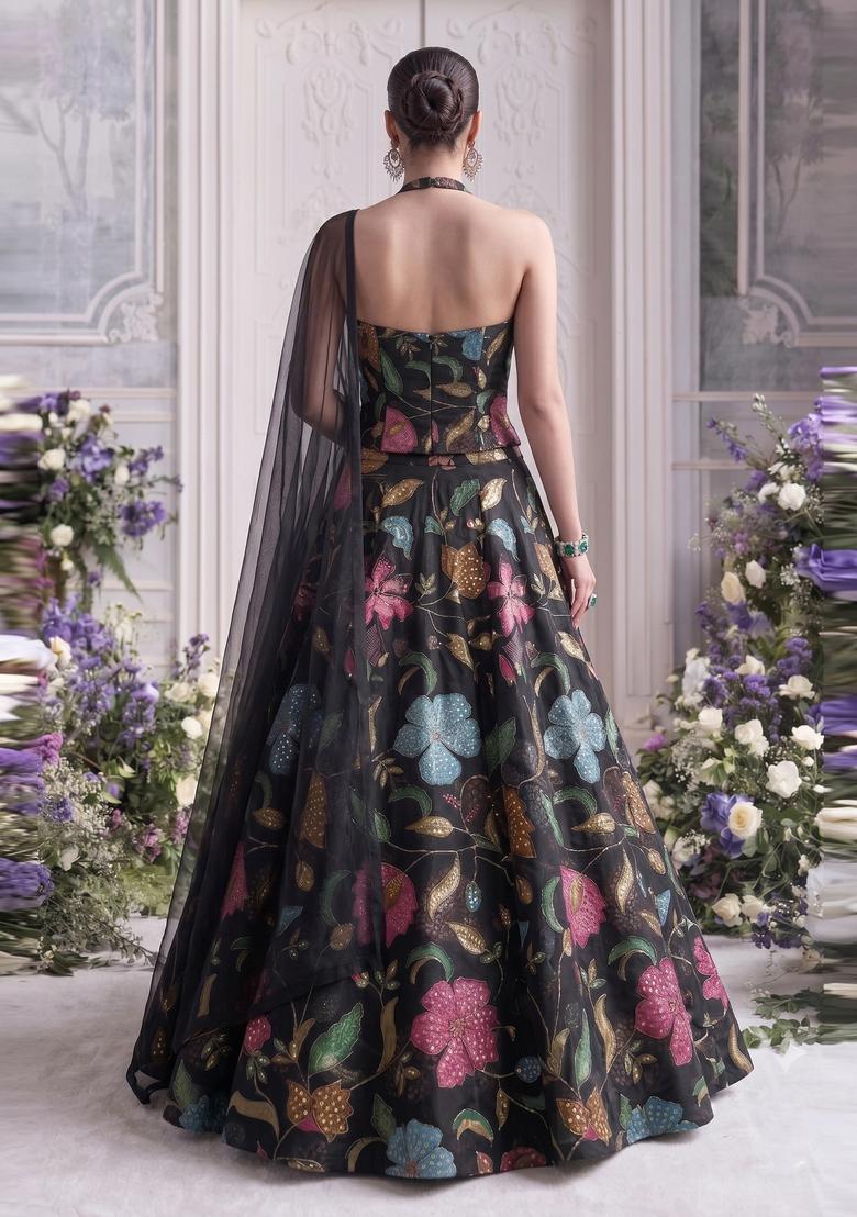 Black Embroidered Organza Lehenga Set - Indya