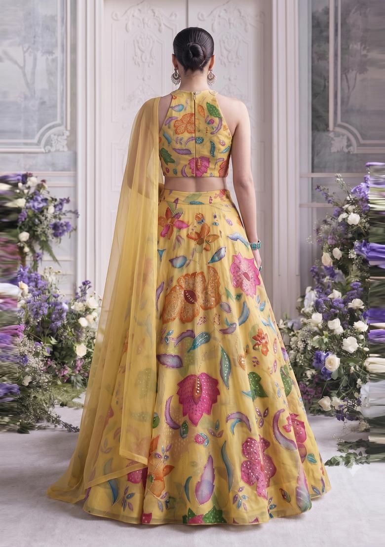 Yellow Embroidered Organza Lehenga Set - Indya