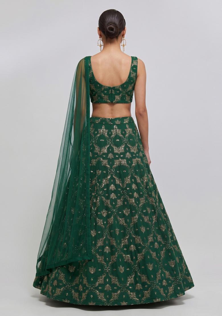 Emerald Green Embroidered Georgette Lehenga Set - Indya
