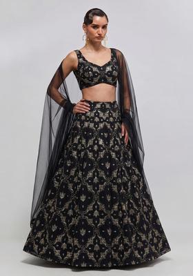 Black Embroidered Georgette Lehenga Set