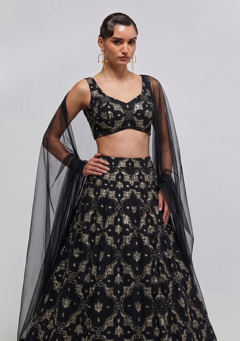 Black Embroidered Georgette Lehenga Set - Indya