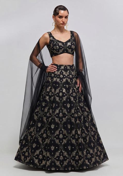 Black Embroidered Georgette Lehenga Set