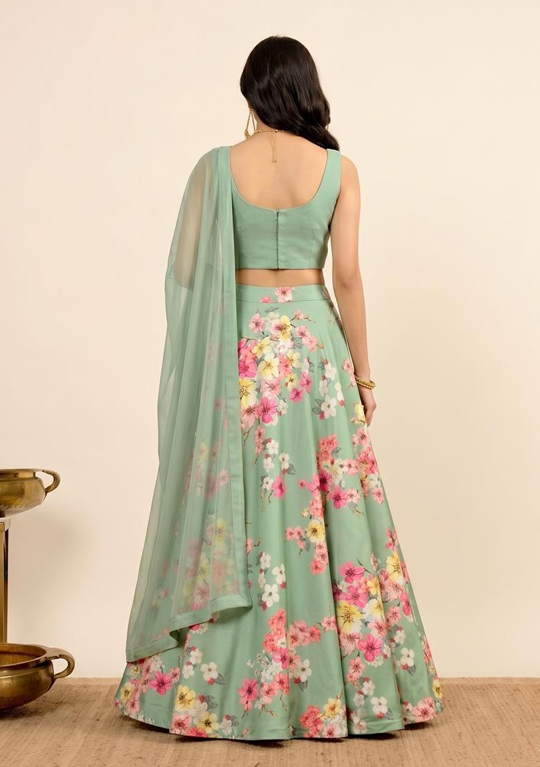 Pastel Green Printed Crepe Lehenga Set - Indya