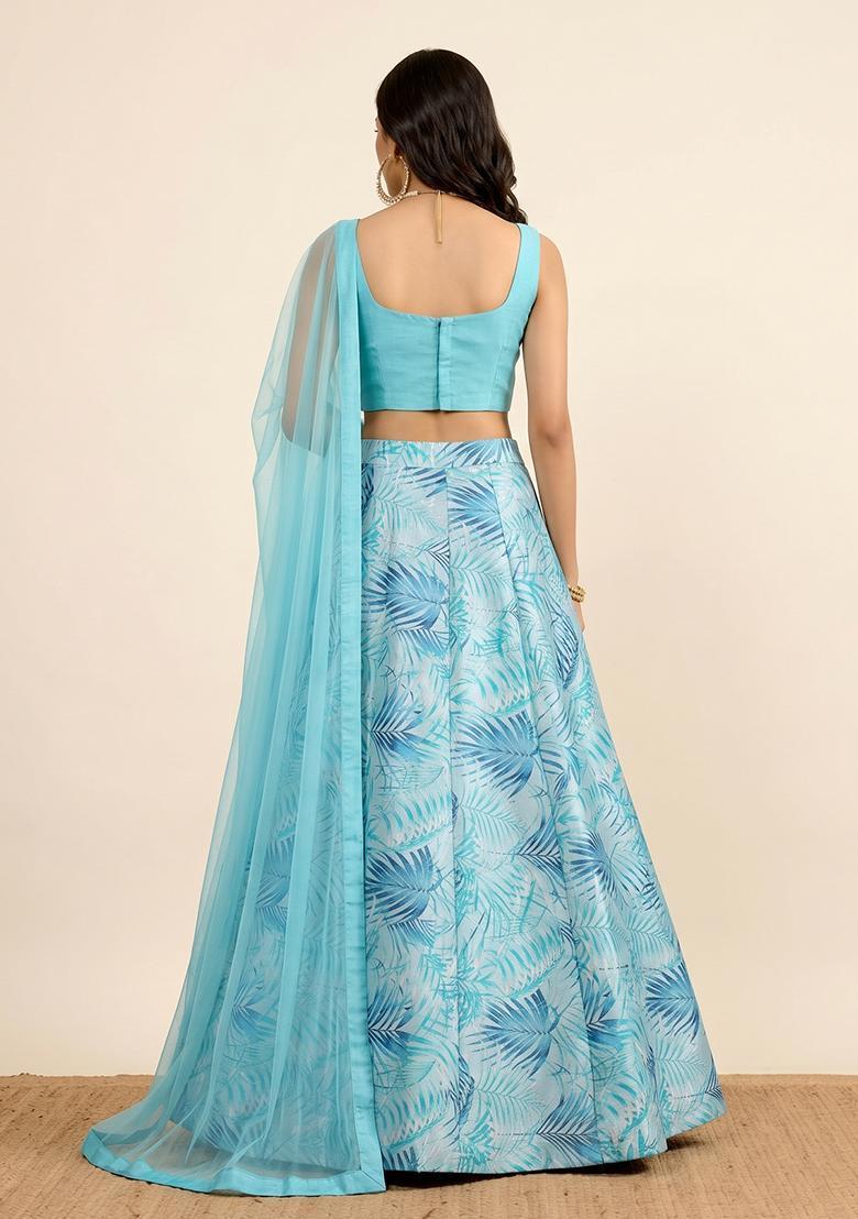 Turquoise Blue Printed Crepe Lehenga Set - Indya