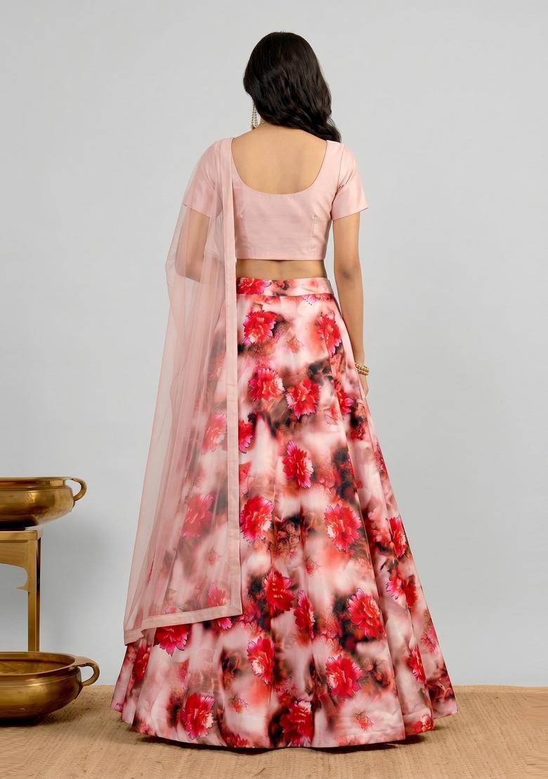 Blush Pink Printed Crepe Lehenga Set - Indya