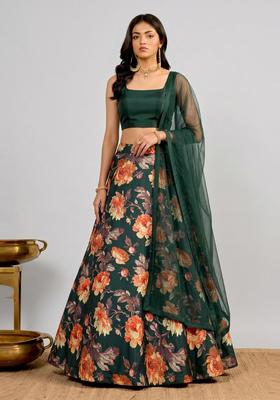 Bottle Green Printed Crepe Lehenga Set