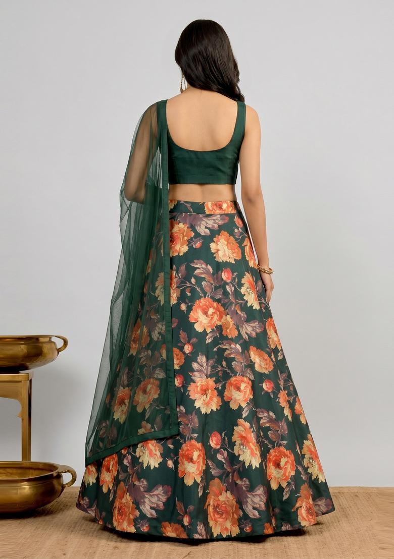 Bottle Green Printed Crepe Lehenga Set - Indya
