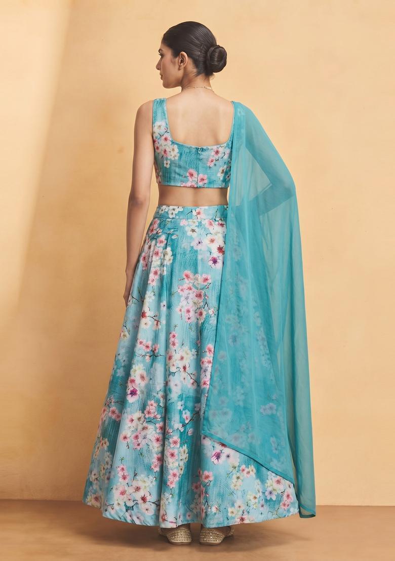 Turquoise Blue Printed Crepe Lehenga Set - Indya