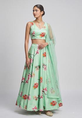 Mint Green Printed Crepe Lehenga Set