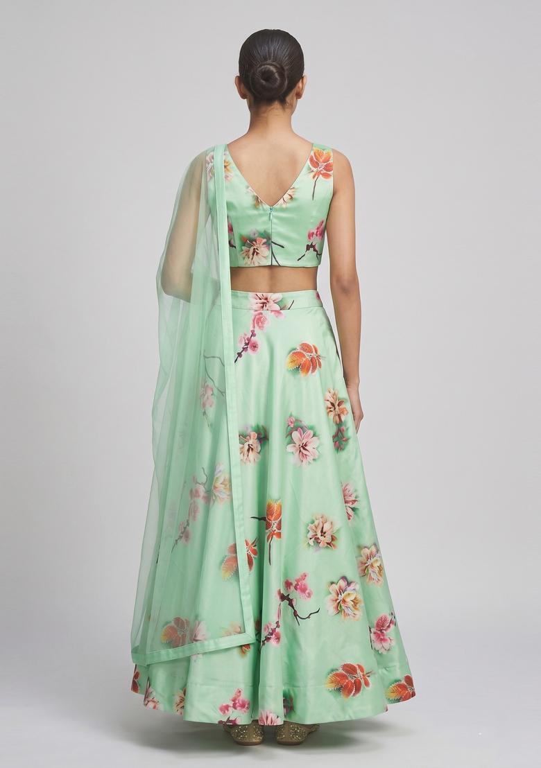 Mint Green Printed Crepe Lehenga Set - Indya