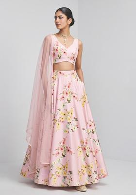 Pastel Pink Printed Satin Lehenga Set