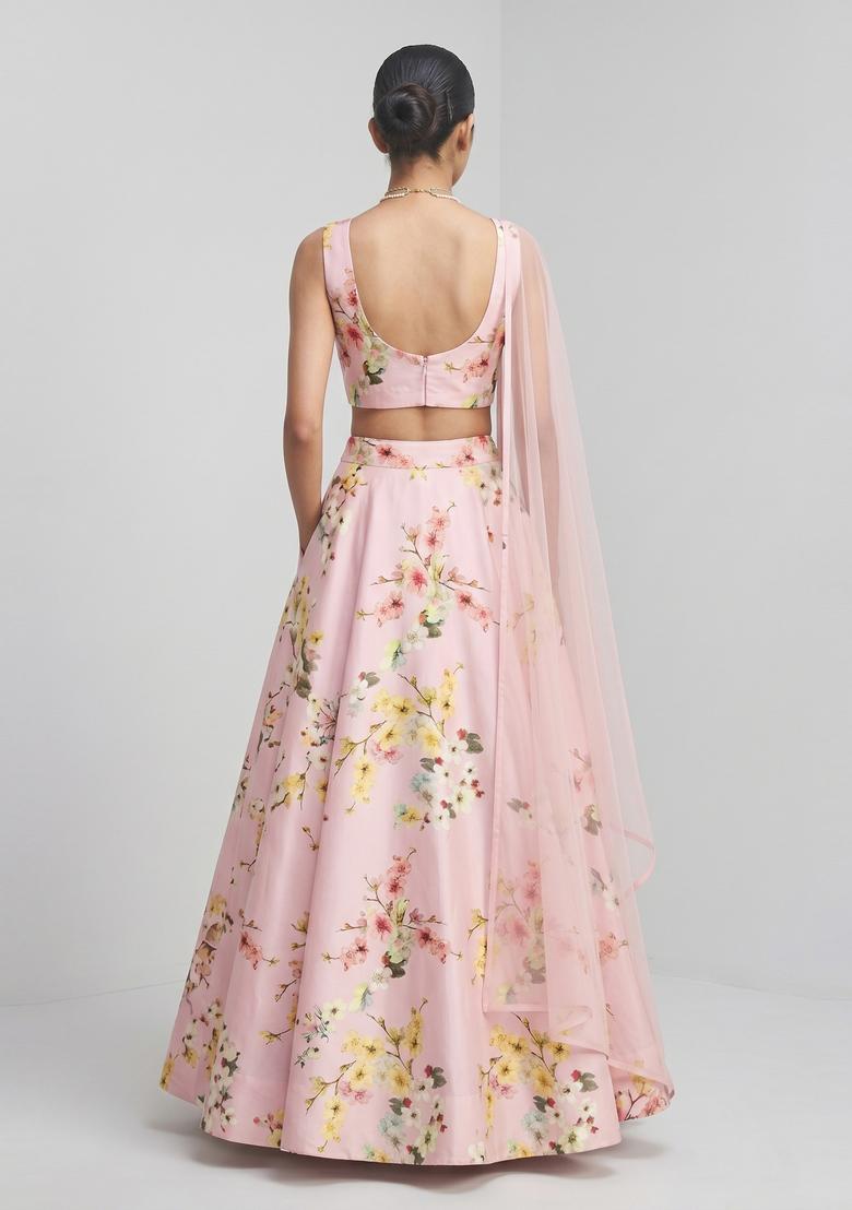 Pastel Pink Printed Satin Lehenga Set - Indya
