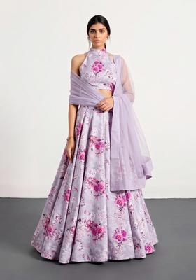 Lavender Printed Crepe Lehenga Set