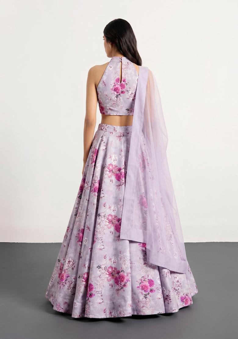 Lavender Printed Crepe Lehenga Set - Indya