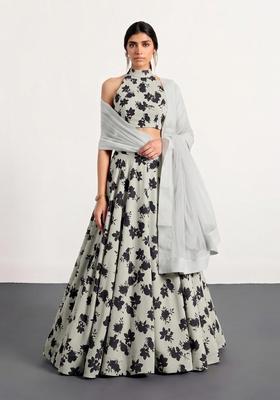 Sage Grey Printed Crepe Lehenga Set