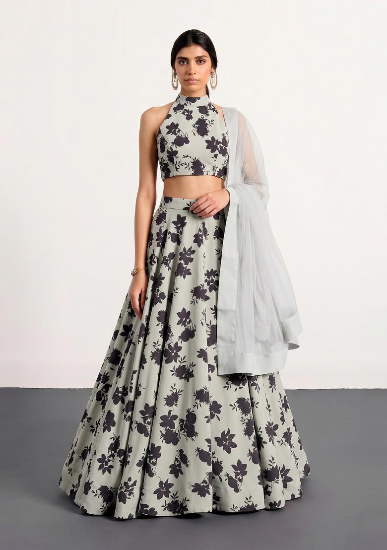 Sage Grey Printed Crepe Lehenga Set - Indya