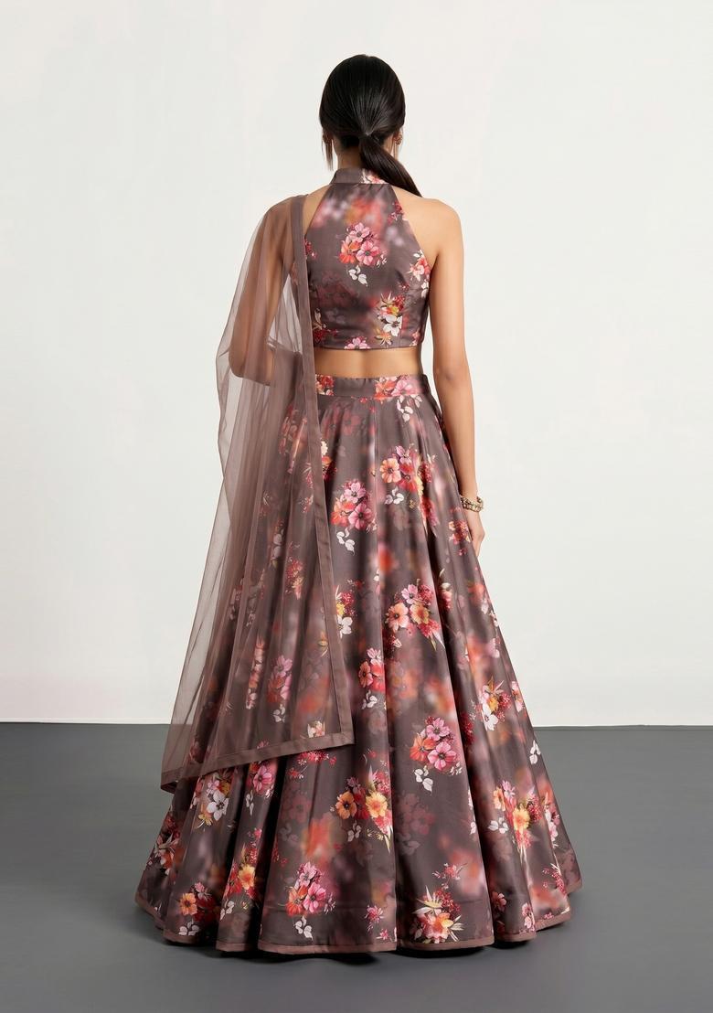 Coffee Brown Printed Crepe Lehenga Set - Indya