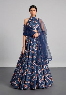 Navy Blue Printed Muslin Lehenga Set