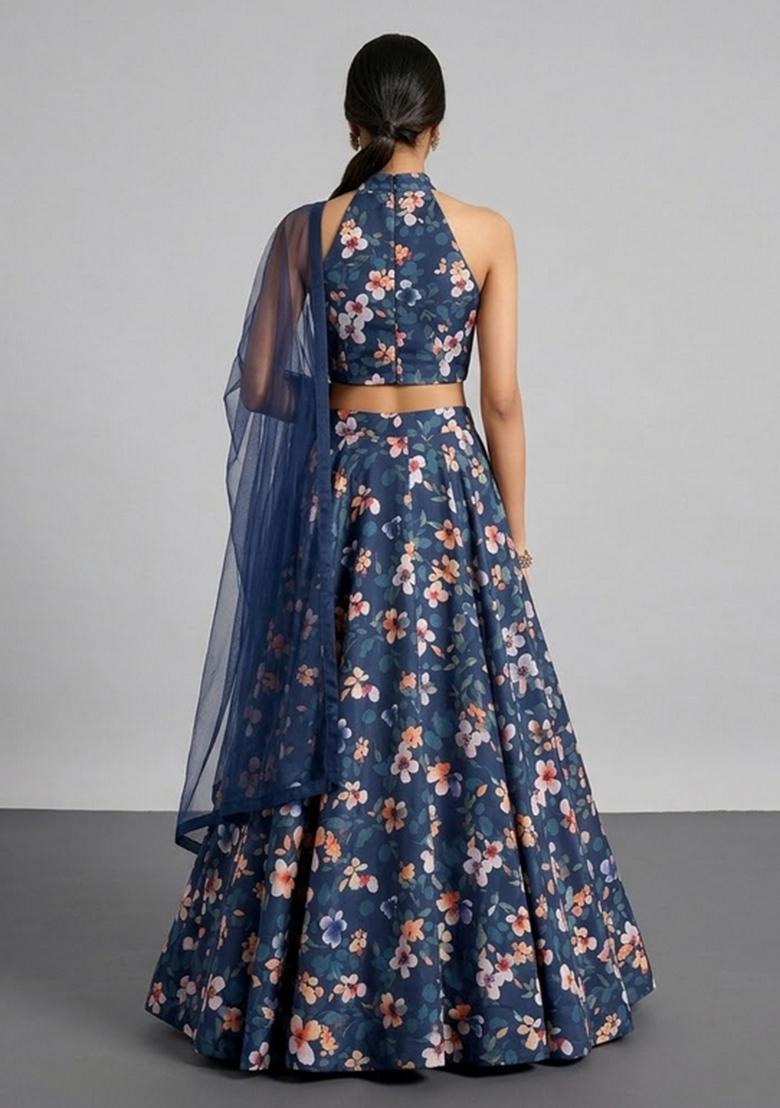 Navy Blue Printed Muslin Lehenga Set - Indya