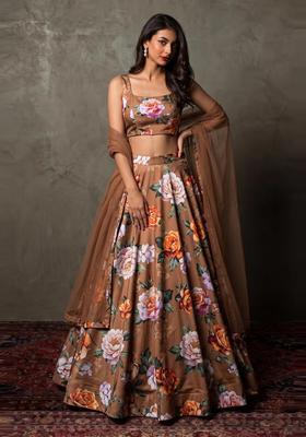 Chocolate Brown Printed Crepe Lehenga Set
