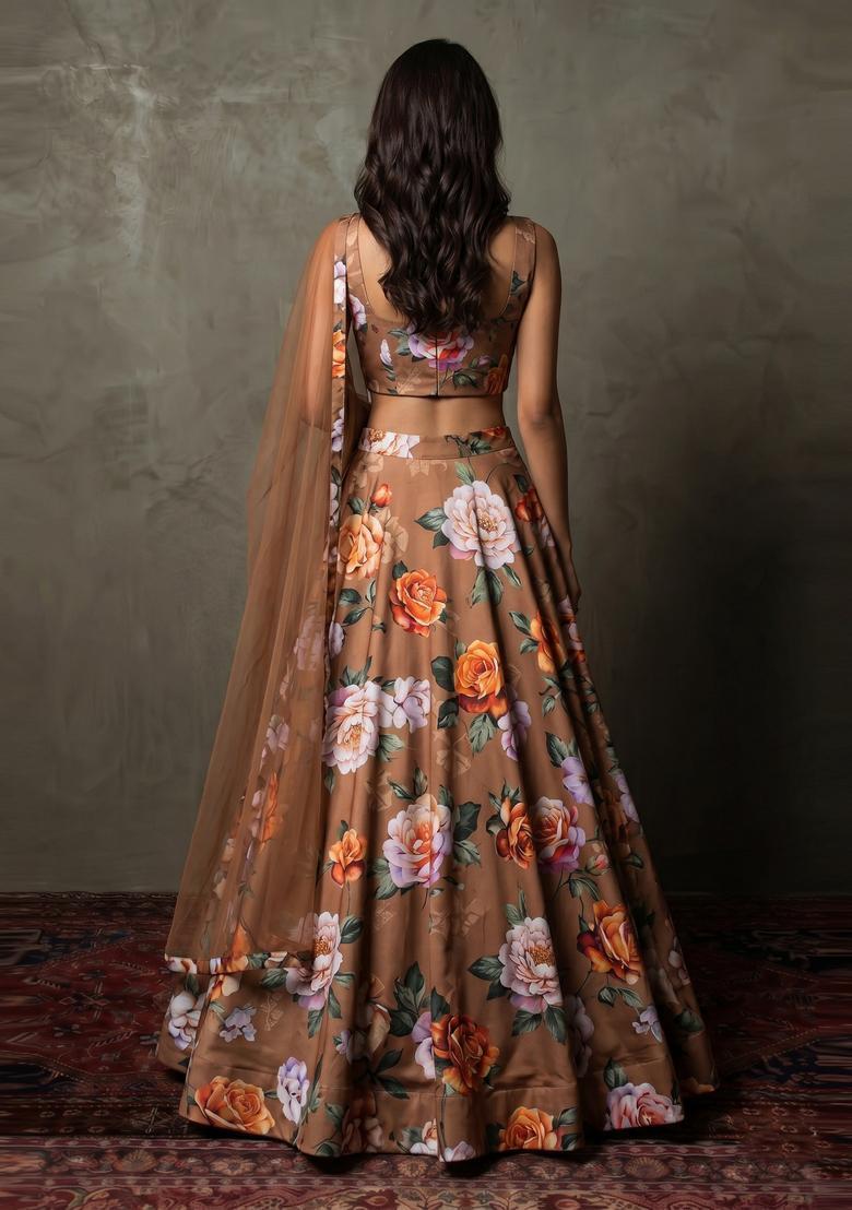 Chocolate Brown Printed Crepe Lehenga Set - Indya