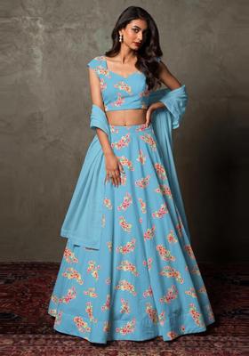 Sky Blue Printed Crepe Lehenga Set