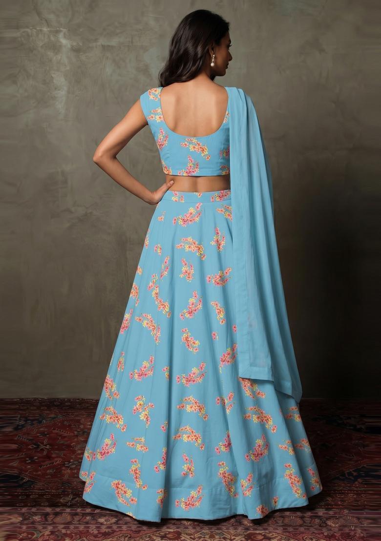 Sky Blue Printed Crepe Lehenga Set - Indya