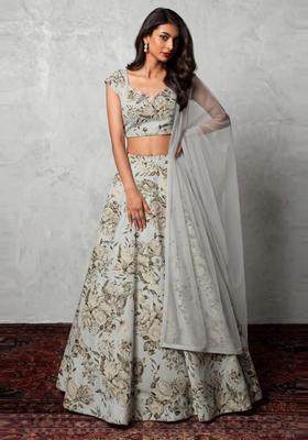 Sage Grey Printed Crepe Lehenga Set
