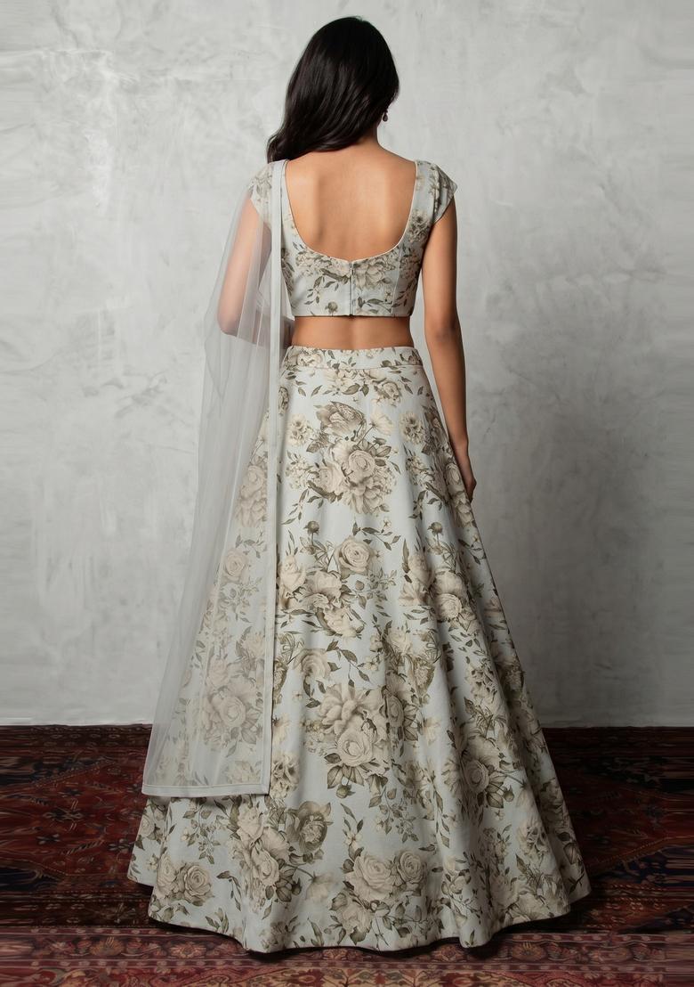 Sage Grey Printed Crepe Lehenga Set - Indya