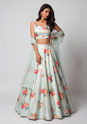 Mint Green Printed Crepe Lehenga Set