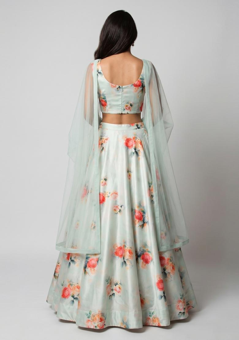 Mint Green Printed Crepe Lehenga Set - Indya