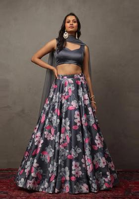 Grey Printed Crepe Lehenga Set