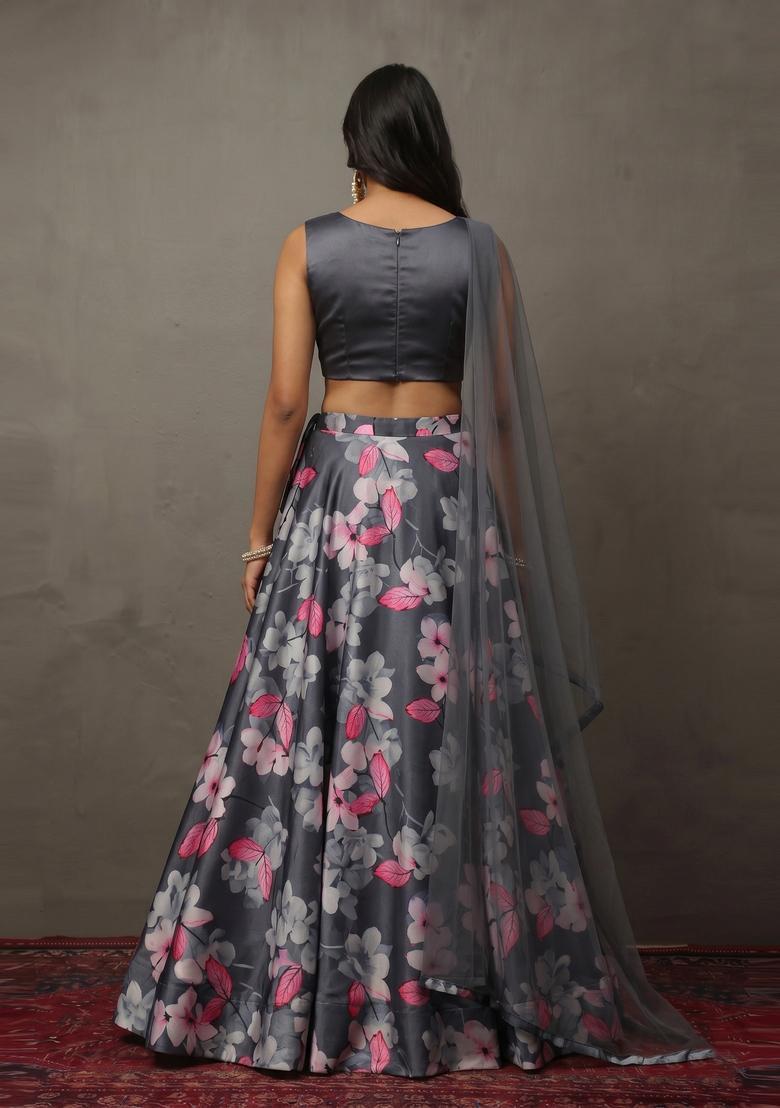 Grey Printed Crepe Lehenga Set - Indya